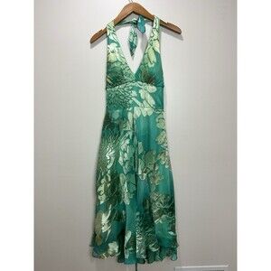 Vtg Y2K Sue Wong Silk Green Floral Halter Dress Lace Up Size 8 Fairycore Flaw*